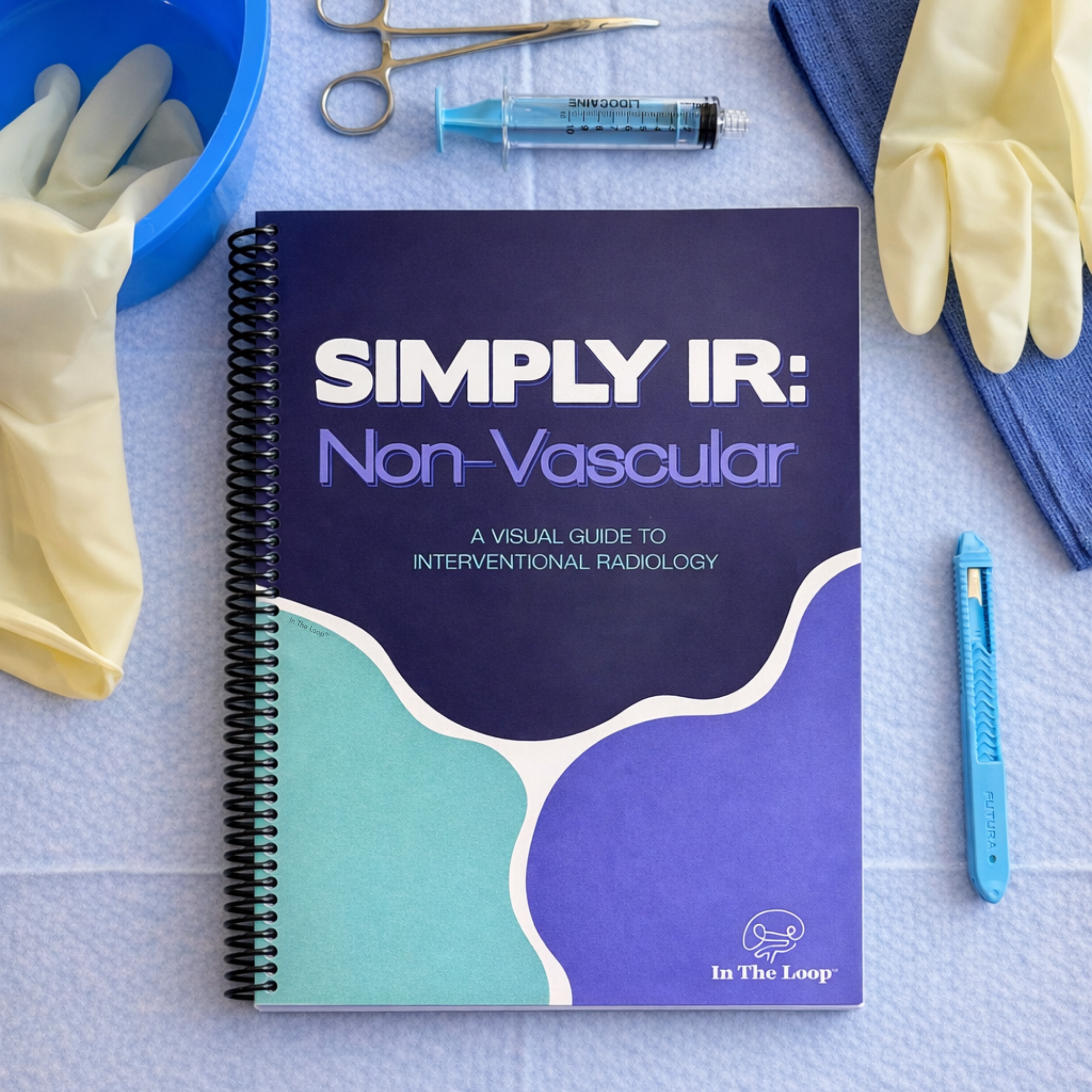 Book 'Simply IR: Non-Vascular' on a blue background with gloves and syringe