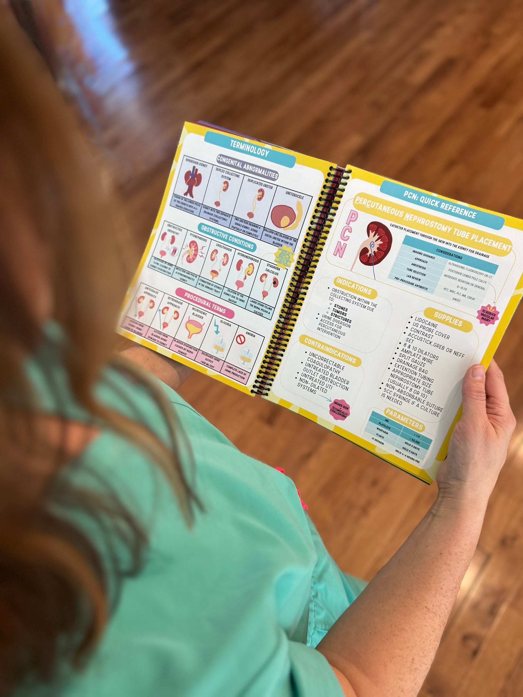 Spiral bound open book with medical diagrams and text on a wooden surface.